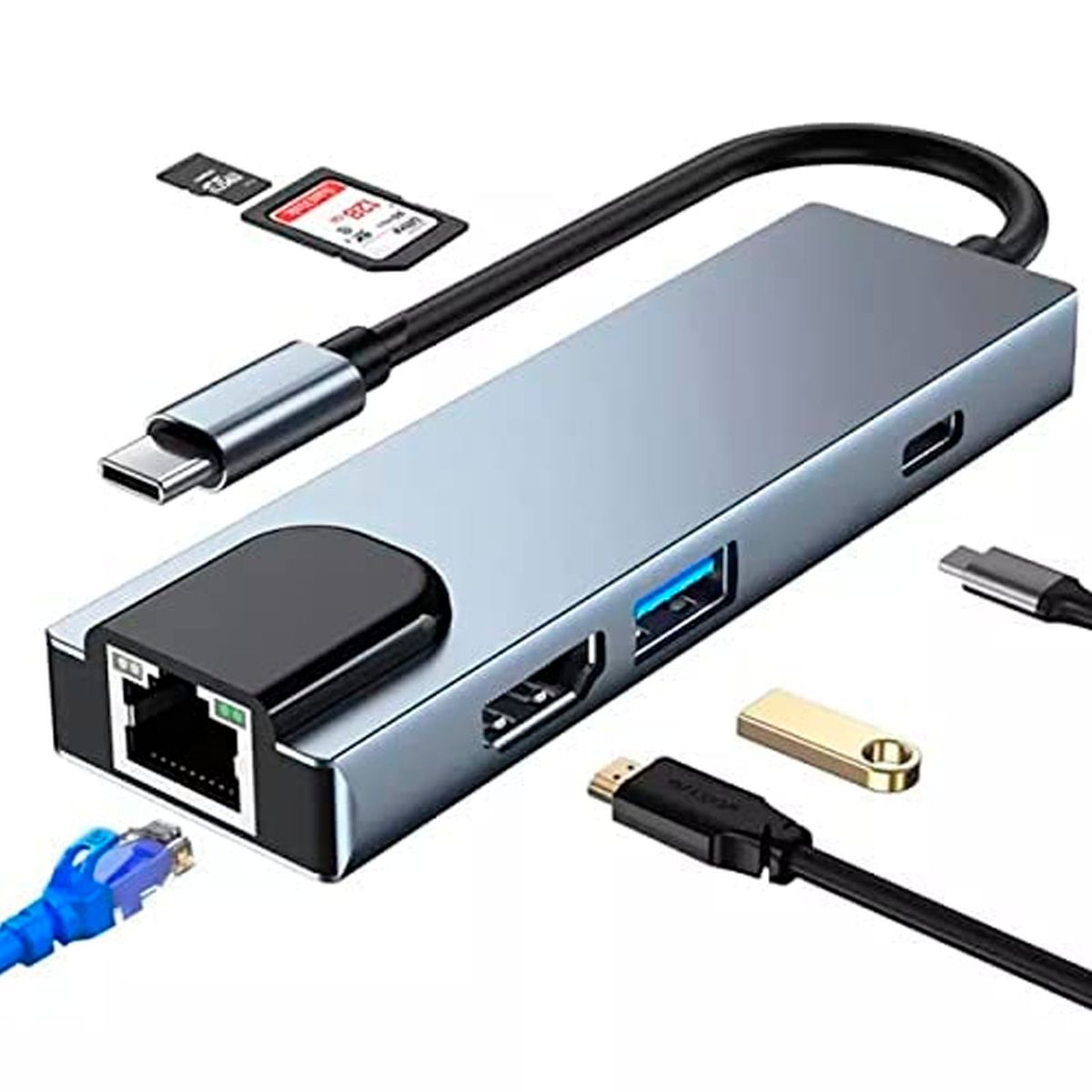 MOTOMO - Adaptador USB-C 6 En 1 HDMI 4k + Usb3.0 + LAN + SD+TF+PD