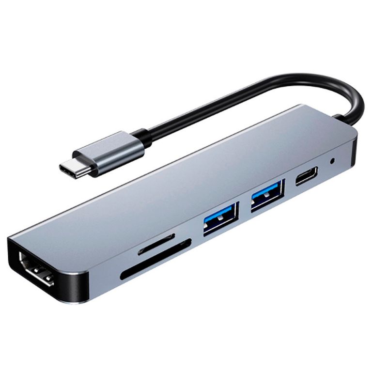 Adaptador USB-C 6 En 1 BYL-2010 HDMI 4k+Usb3.+Usb2+SD+TF+PD Gris