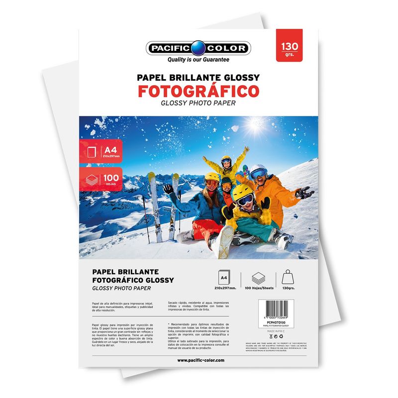 PACIFIC COLOR - 100 Hojas Papel Fotográfico Glossy 130grs A4 - SC