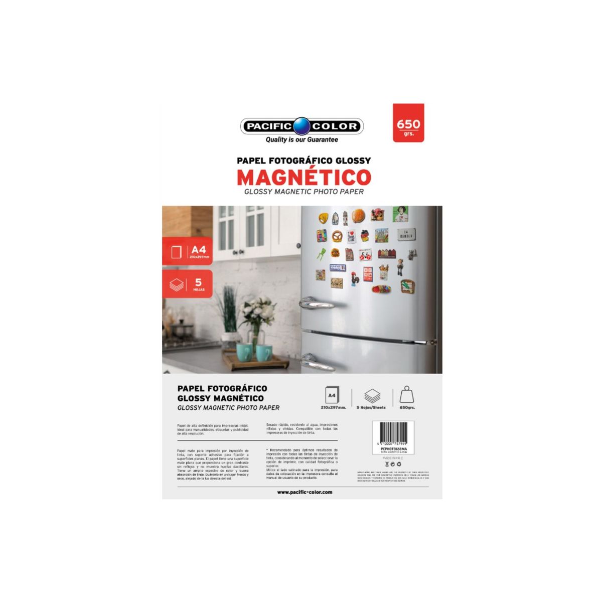 PACIFIC COLOR - Papel Fotográfico Magnético 5 Hojas Tamaño A4 De 650grs - SC