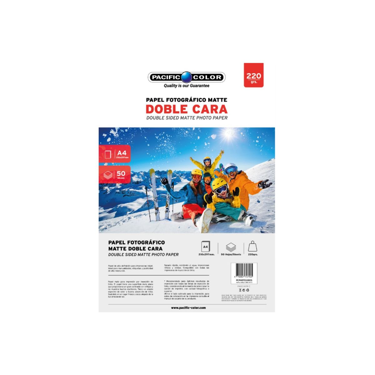 PACIFIC COLOR - Papel Fotográfico Matte Doble Cara Tamaño A4 De 220grs - SC