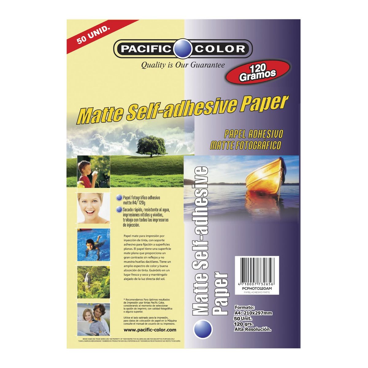 PACIFIC COLOR - 50 Hojas Papel Mate Adhesivo A4 120grs - SC