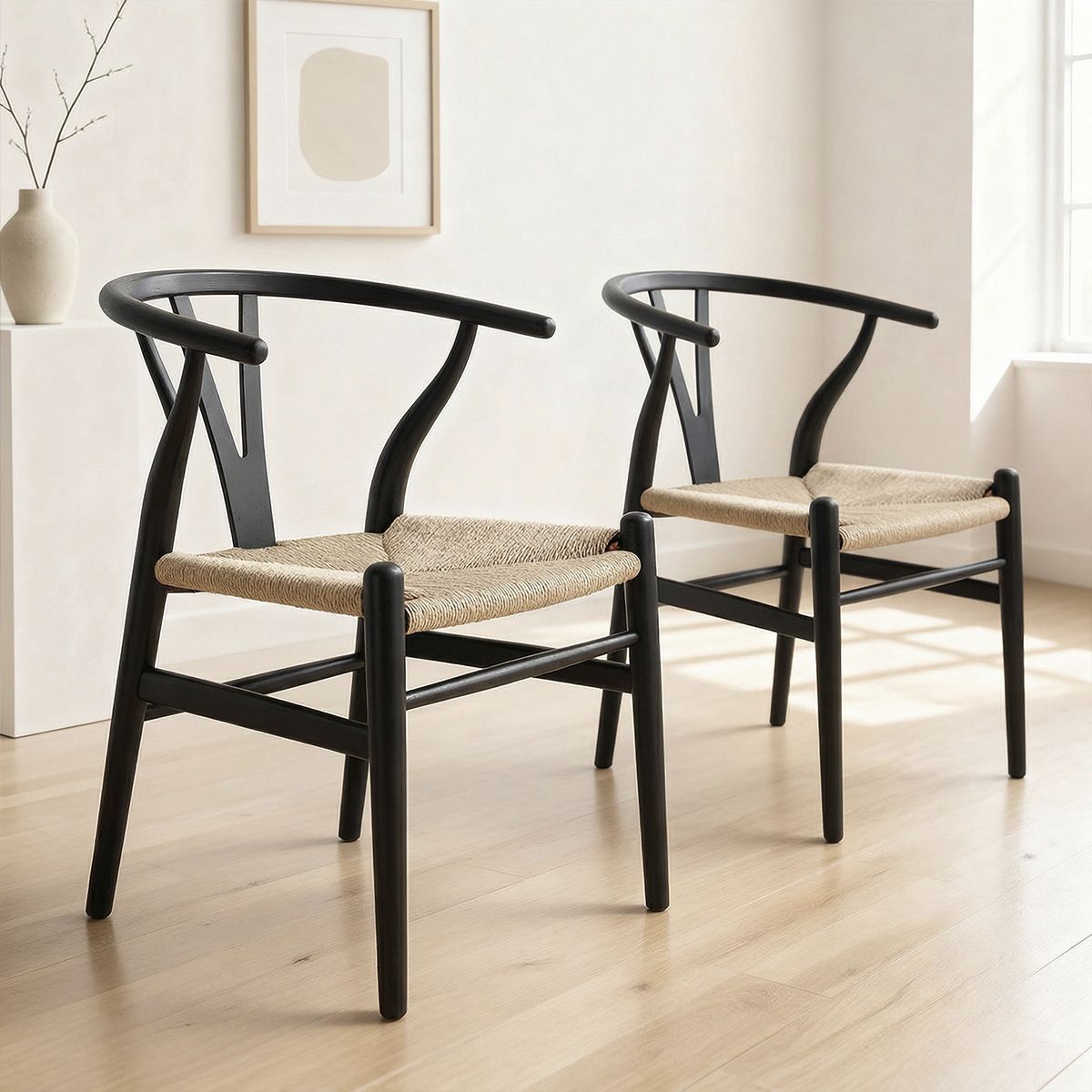 VENHOOUSE - Pack 2 Sillas Wishbone Madera De Haya Para Comedor VenHoouse Negro