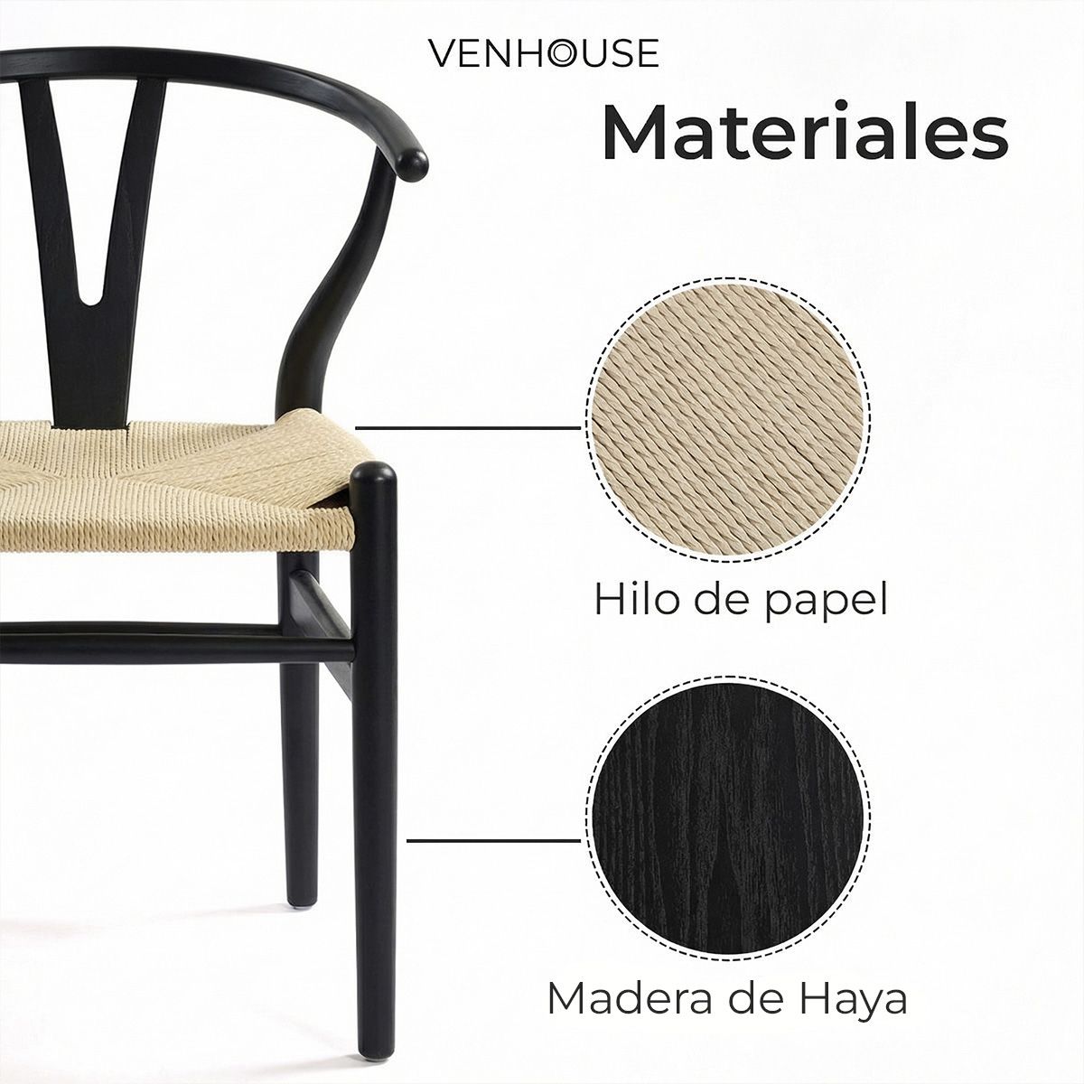 VENHOOUSE - Pack 2 Sillas Wishbone Madera De Haya Para Comedor VenHoouse Negro