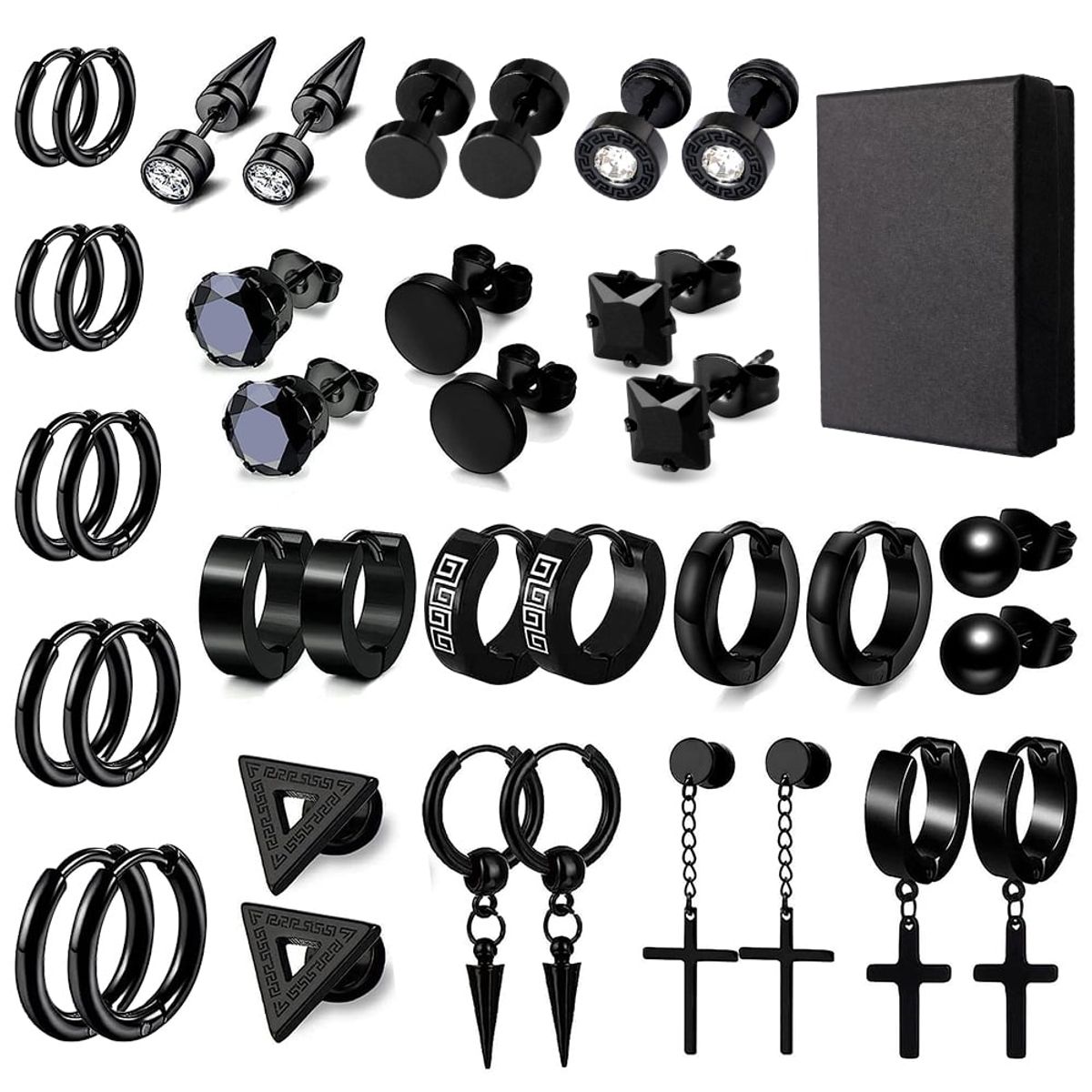 SLOWTON - Aretes Para Hombre Mujer Con Piercing Pendientes Negro 19pcs