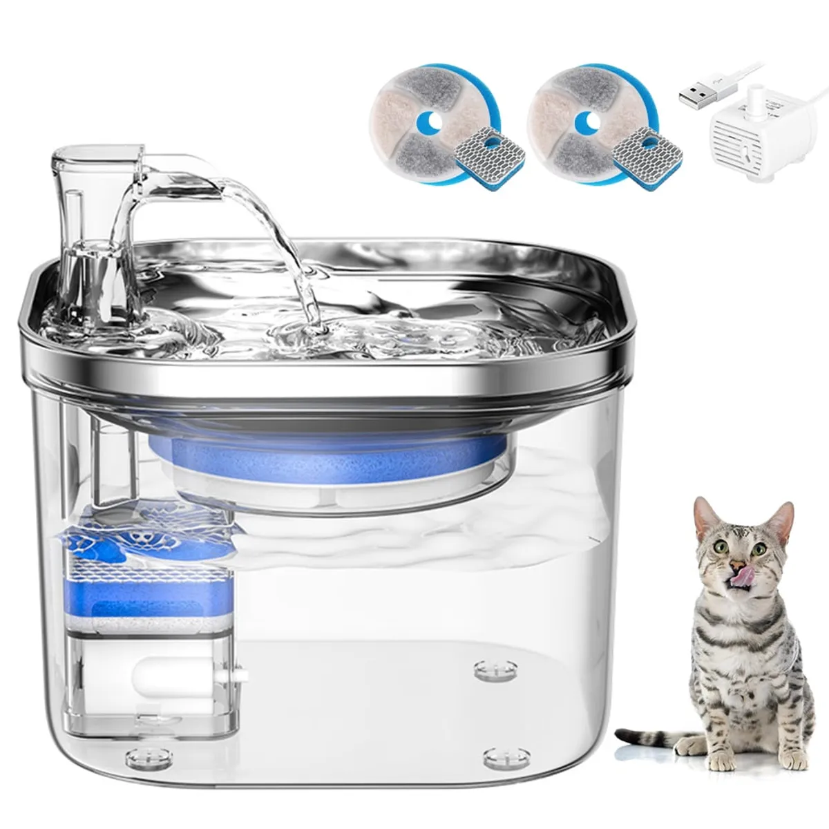 LUKOVEE - Bebedero Eléctrico Inoxidable Fuente De Agua 2lts Gato Perro