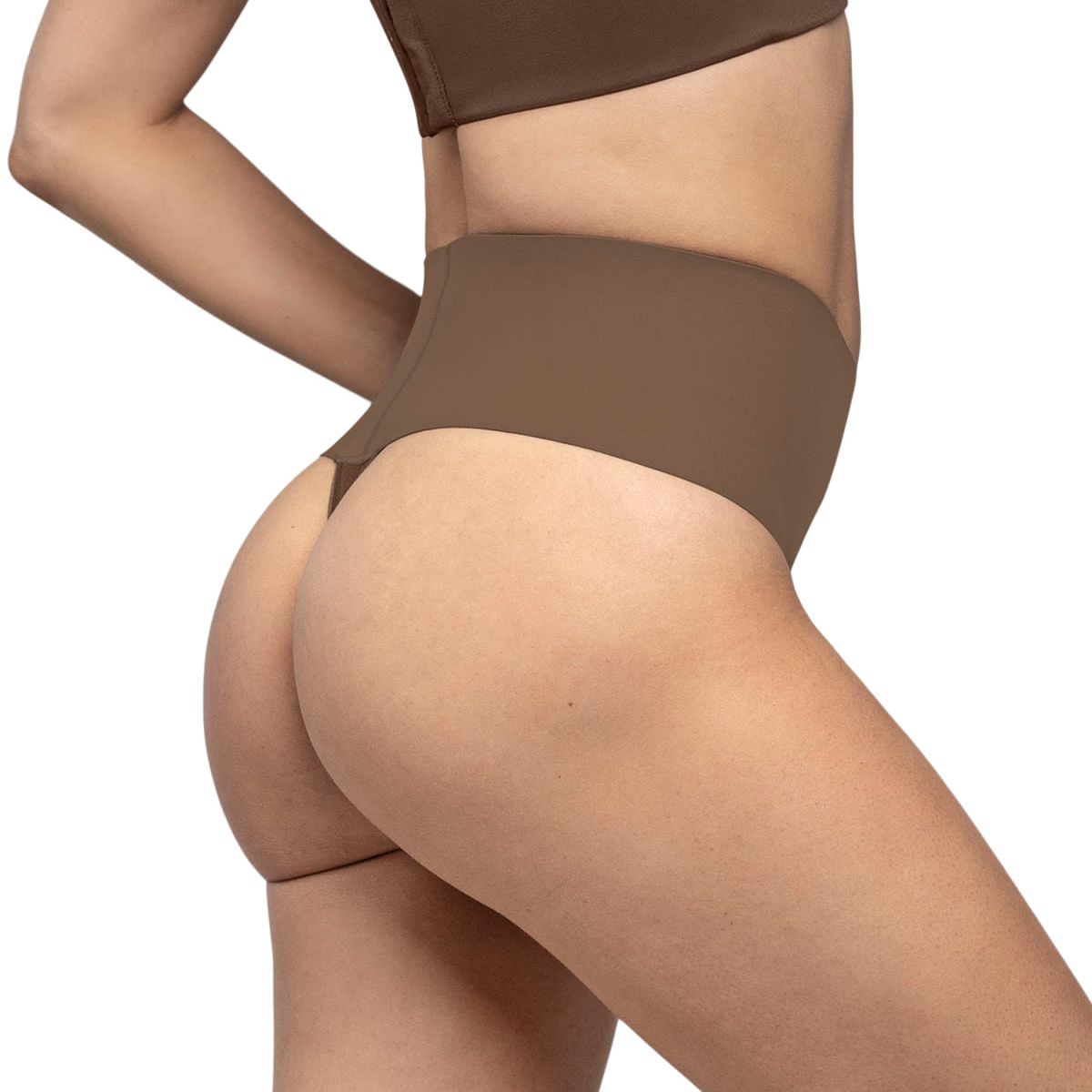 LEONISA - Calzón faja colaless con fajón ancho de control fuerte tiro alto 092046 Cafe Oscuro