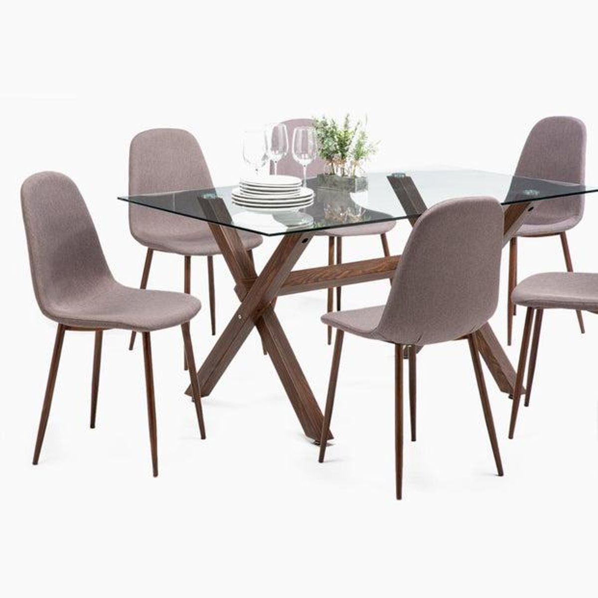 SPAZZIO - Comedor mesa Cross nogal + 6 sillas Cross nogal canela