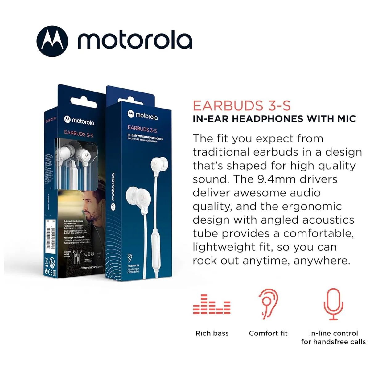 MOTOROLA - Audifonos Alambricos Manos Libres Jack 35mm Blanco EarBuds3S