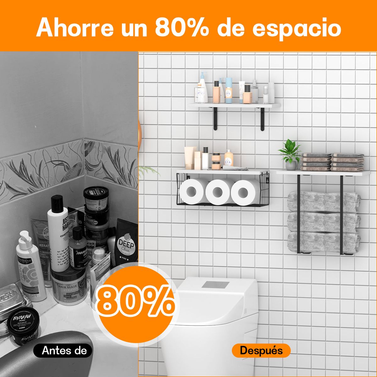 HALMAN - Set 3 Repisas Flotantes Baño Madera Rústica con Toallero