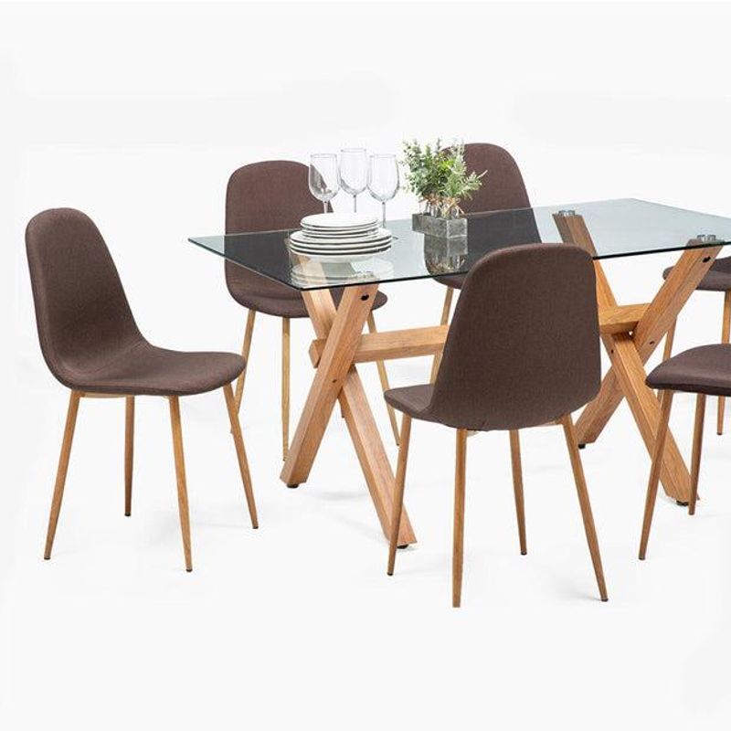 SPAZZIO - Comedor mesa Cross natural + 6 sillas Cross natural café