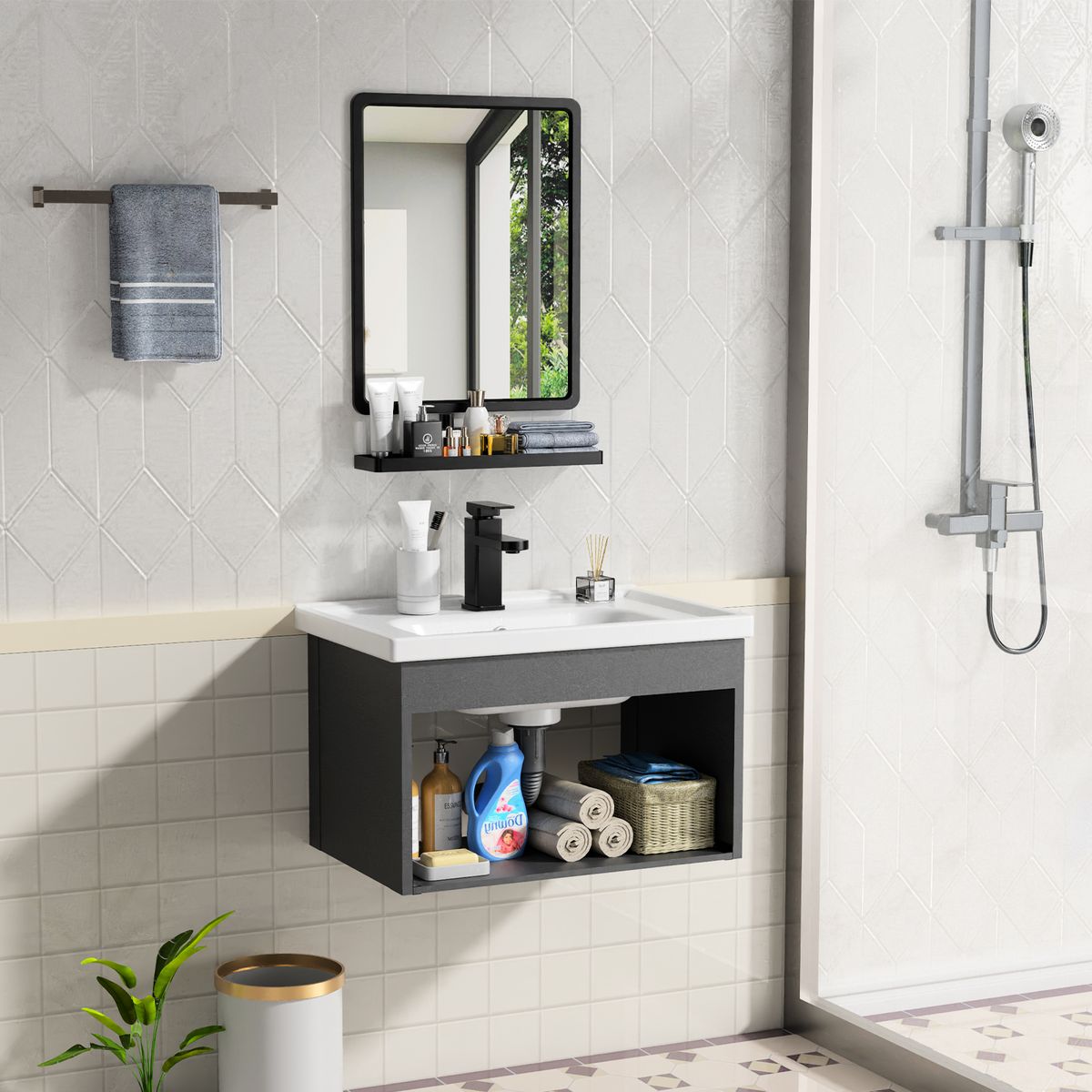 HALMAN - Vanitorio Lavamanos Con Griferia Y Espejo Una Pieza