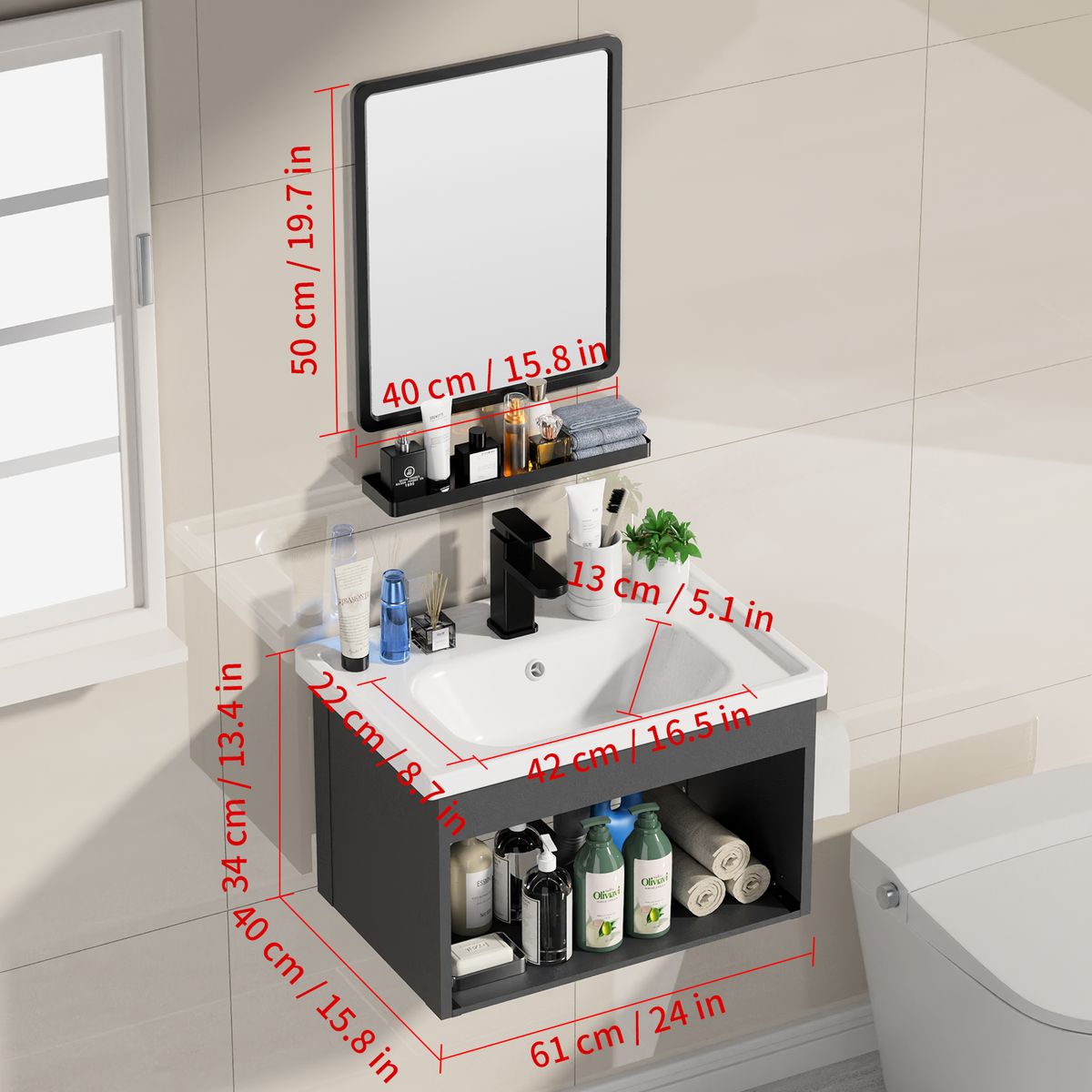 HALMAN - Vanitorio Lavamanos Con Griferia Y Espejo Una Pieza