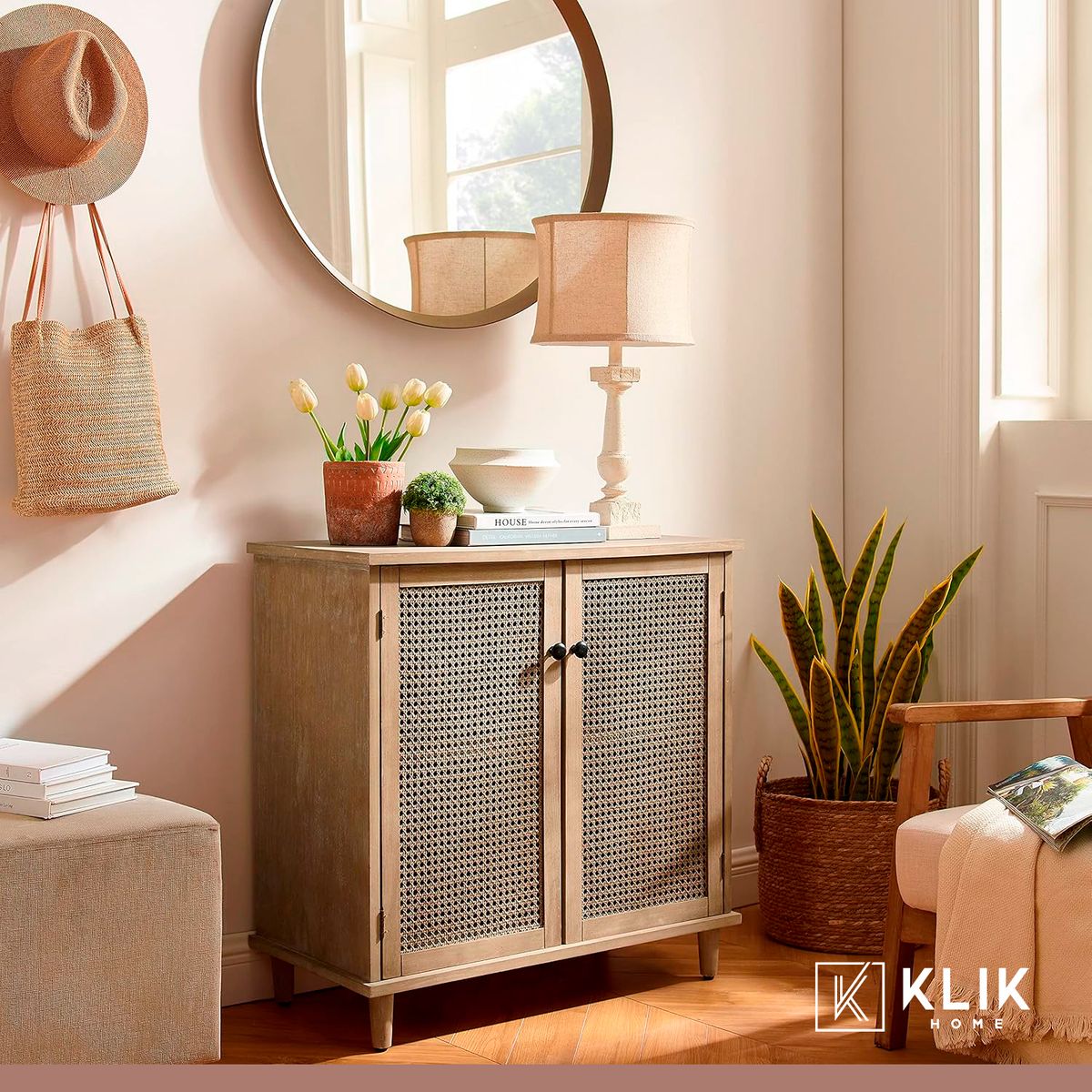 KLIK - Comoda 2 Puertas Rattan MDF Madera Marron Claro Klik