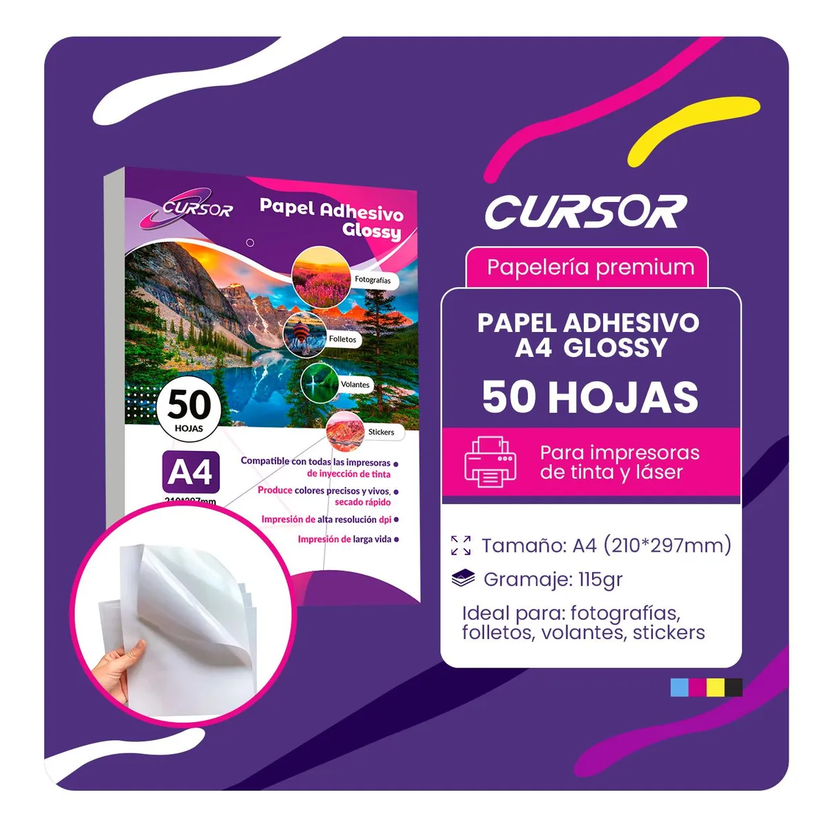 CURSOR - Papel fotografico Adhesivo A4 115g 50 hojas Cursor