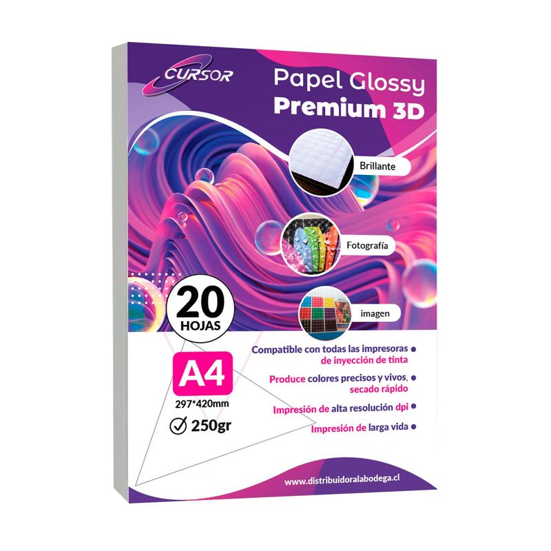 CURSOR - Papel Fotografico Glossy A4 3D 250gr 20 Hjs Cursor - Blanco