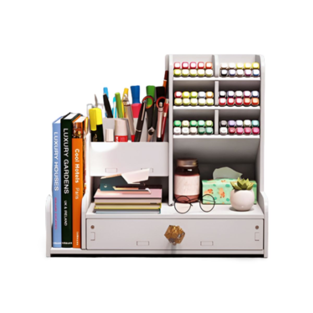 GENERICO - Organizador Multiusos Blanco con Cajón y Soporte para Libros