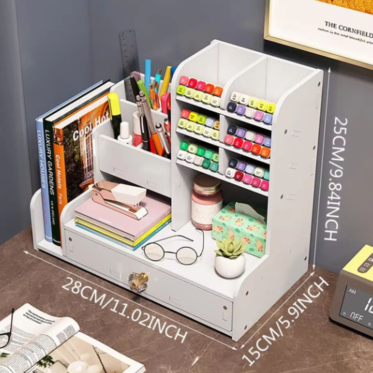 GENERICO - Organizador Multiusos Blanco con Cajón y Soporte para Libros