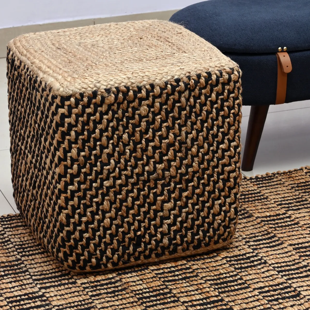 DECOGHAR - Puff de Yute Natural-Negro Cuadrado 40x40 cm