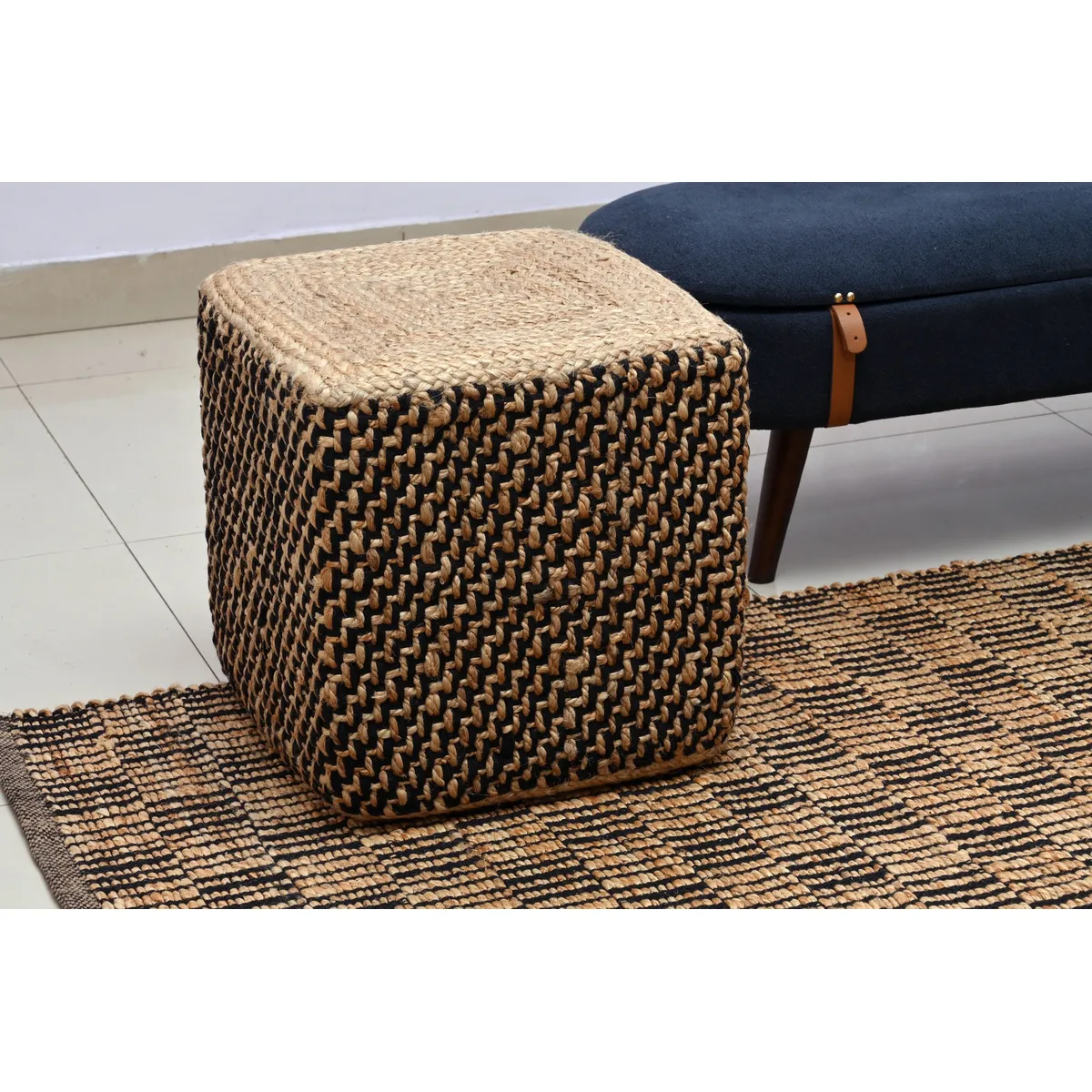 DECOGHAR - Puff de Yute Natural-Negro Cuadrado 40x40 cm