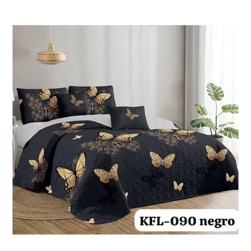 GENERICO - Cubrecama Quilt Verano 2 Plazas - Negro Mariposas KFL090