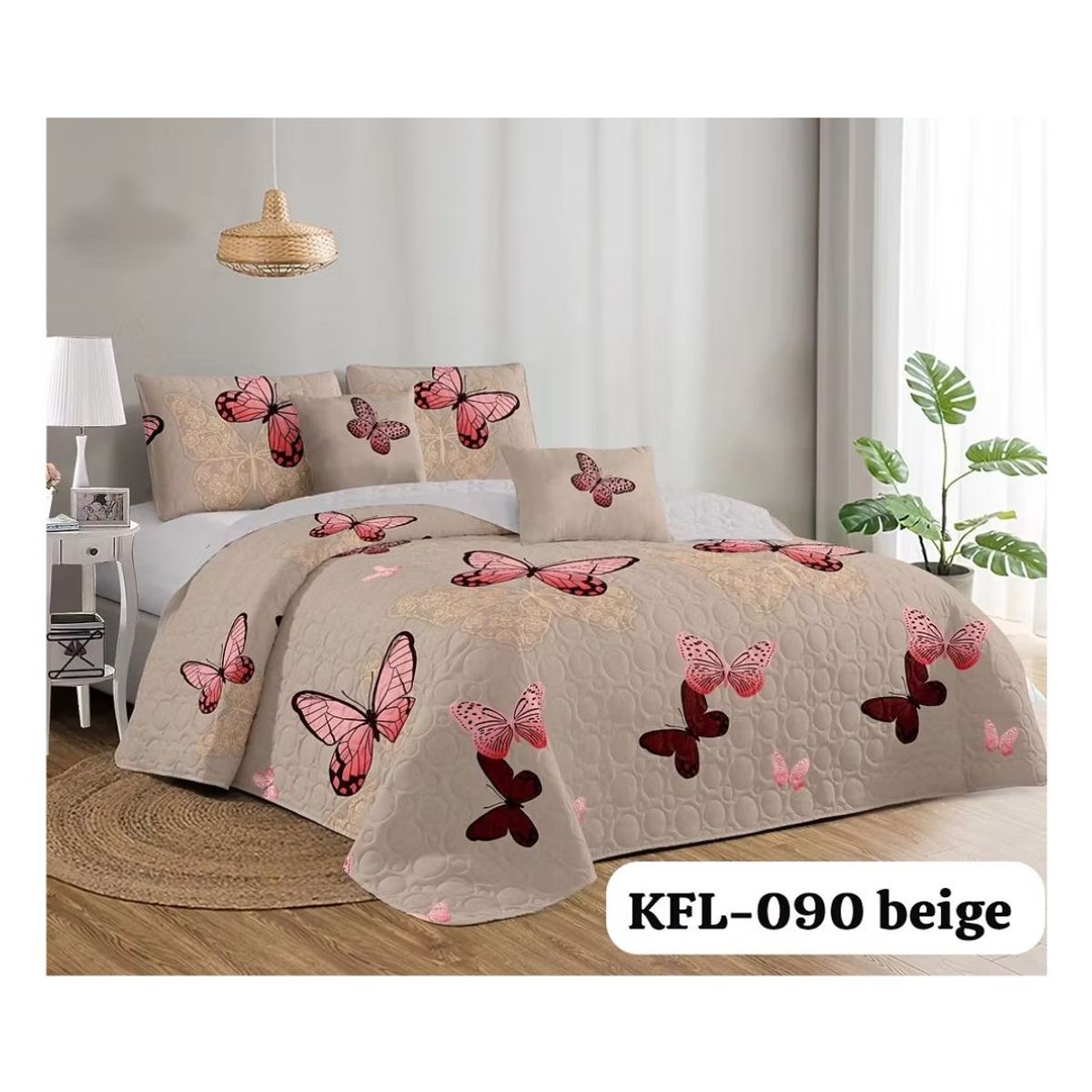 GENERICO - Cubrecama Quilt Verano 2 Plazas - Beige Mariposas KFL090