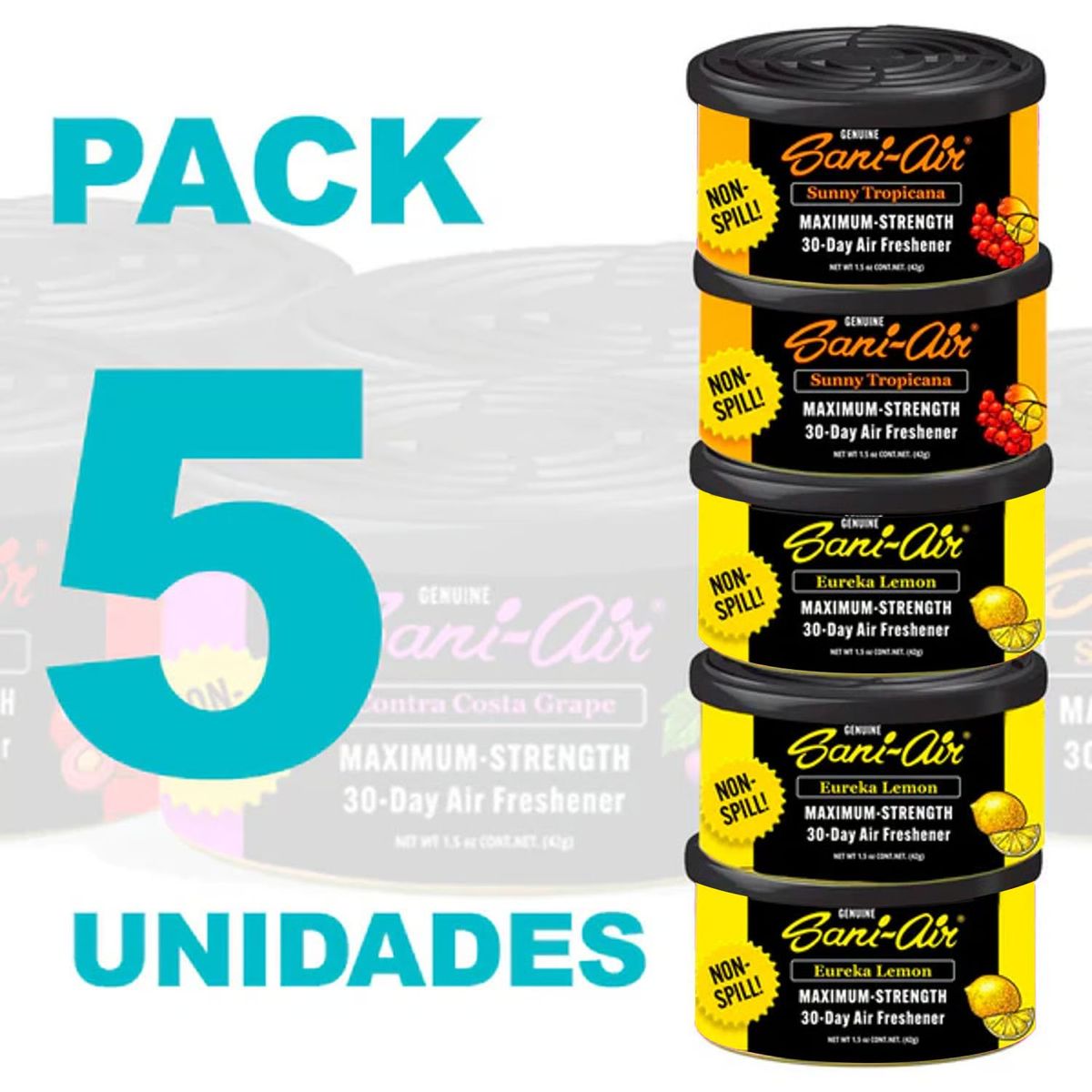 SANI AIR - Pack Sani Air Spill Proof 5 Latas Aromaticas Para Auto