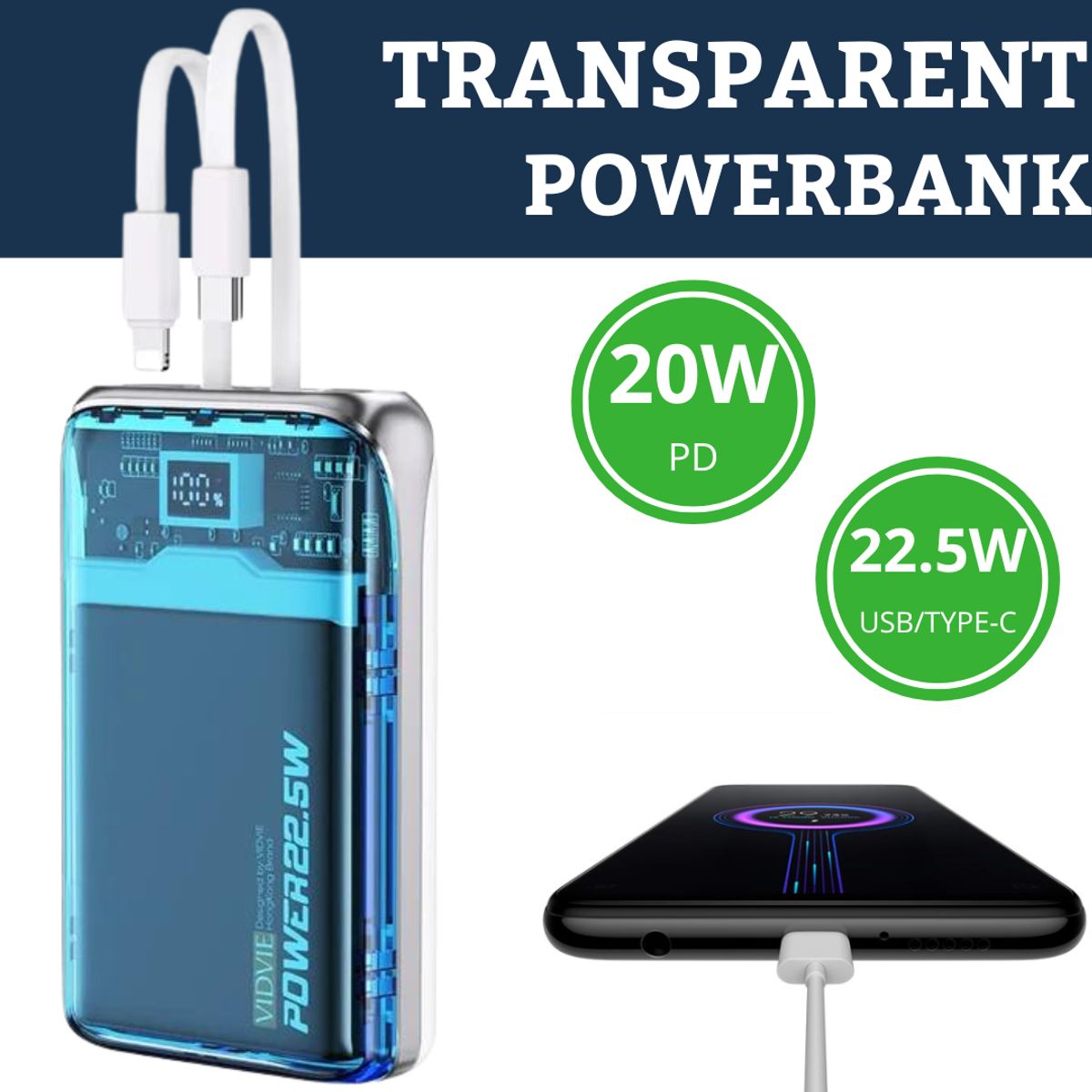 GENERICO - Bateria Portátil Carga Rápida 10000 mAh Modelo Transparente