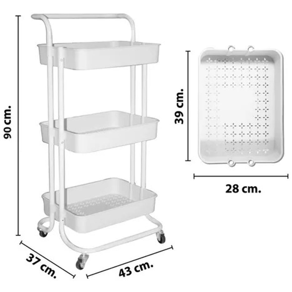 GENERICO - Carrito Organizador 3 Niveles Metalico Multifuncion C/ruedas Blanco