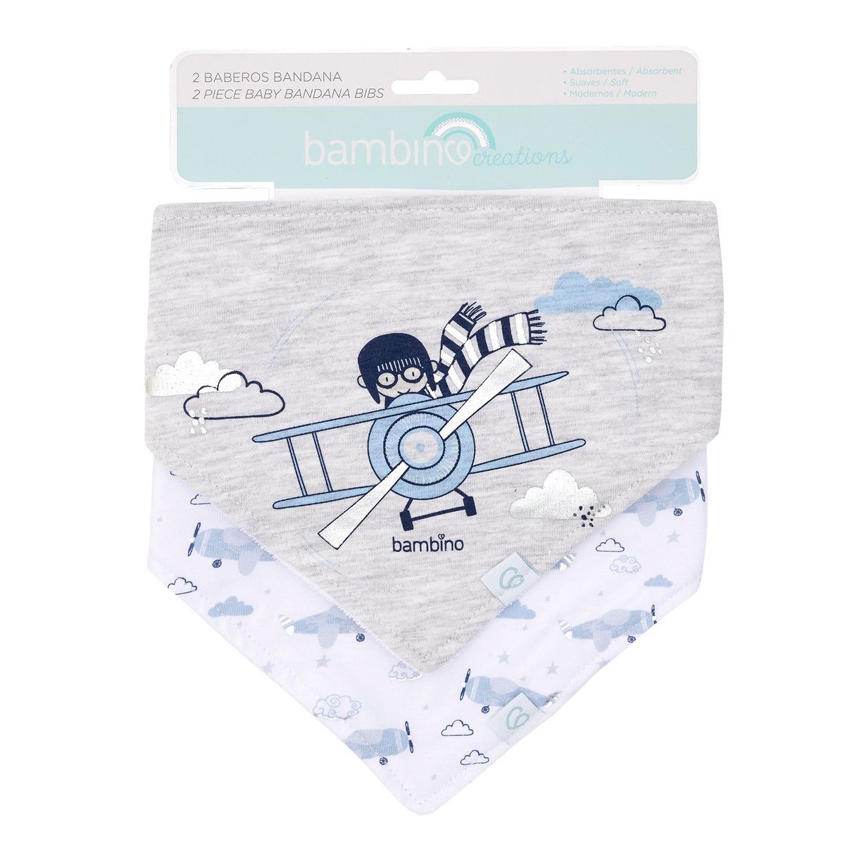BAMBINO - Set 2 Babero Bandana Gris Avion Niño