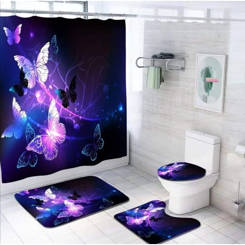 GENERICO - SET DE BAÑO IMPERNEABLE DE 4 PIEZAS CON DISEÑO DE MARIPOSAS