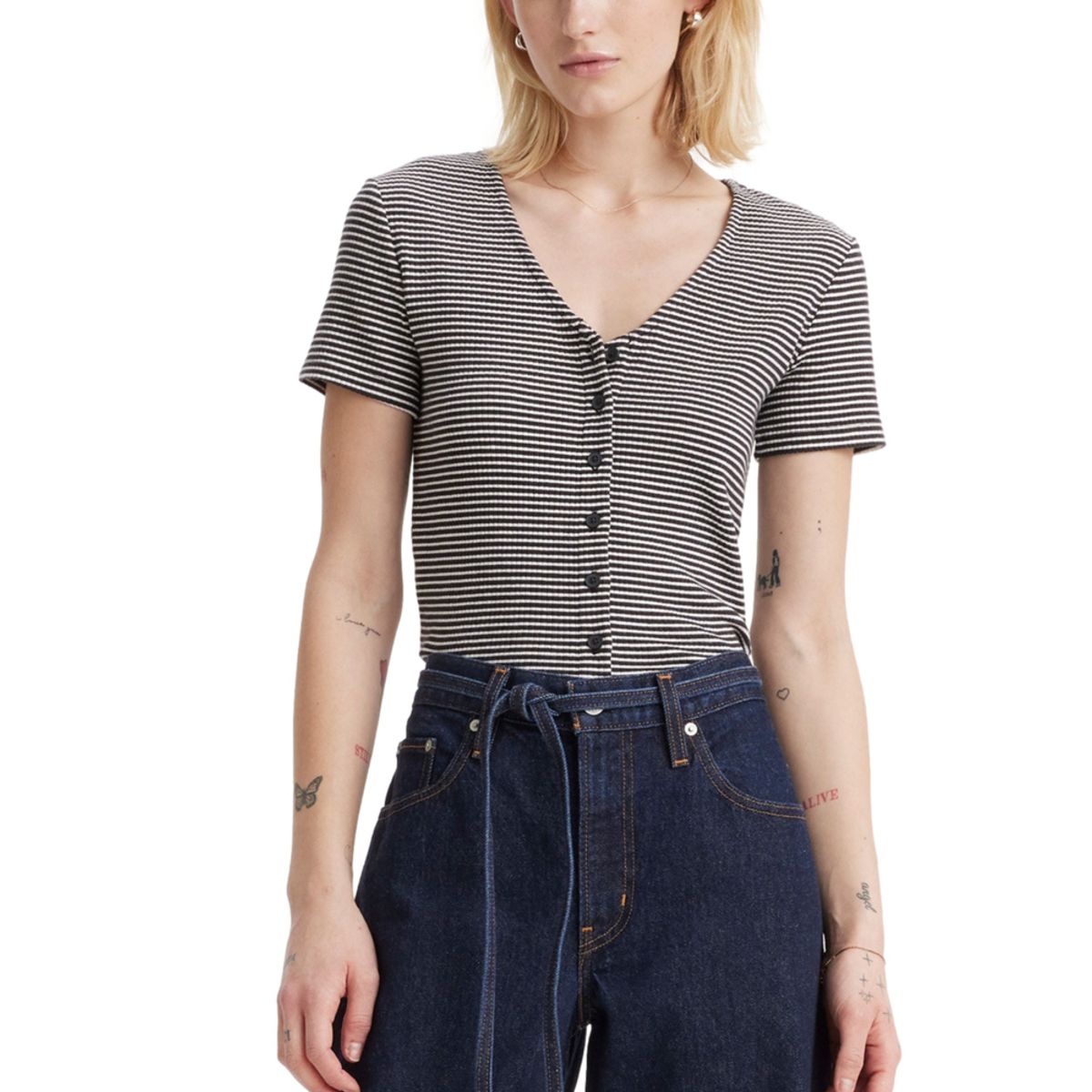 LEVIS - Polera Mujer Botones Cuello V Negro Levis