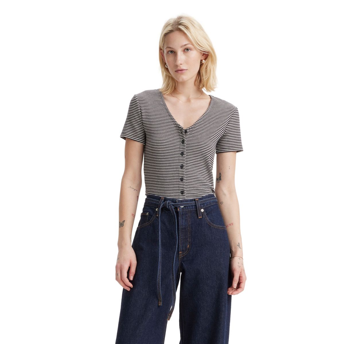 LEVIS - Polera Mujer Botones Cuello V Negro Levis