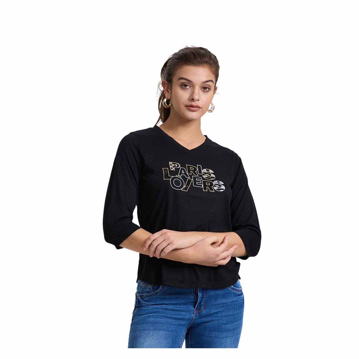 FASHION'S PARK - Polera Mujer Aplicación Folia Negro Fashion's Park