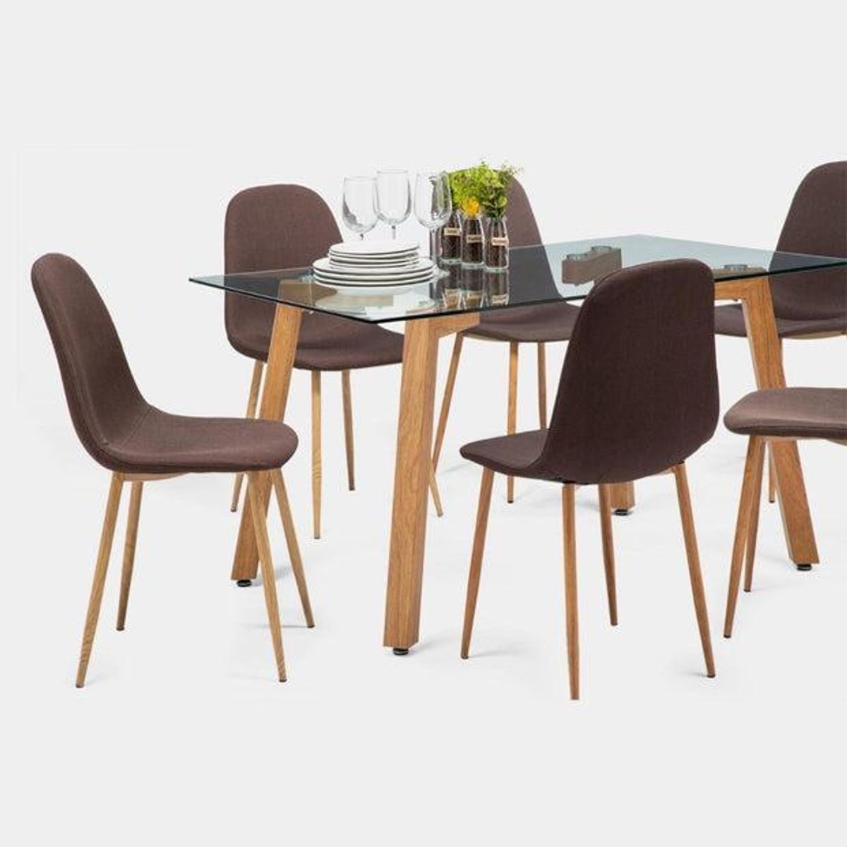 SPAZZIO - Comedor mesa Jockey natural + 6 sillas Cross natural café