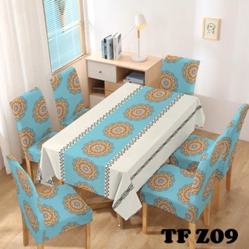 ANGELES DEL HOGAR - Mantel Impermeable + 6 fundas de Silla Mandala Azul