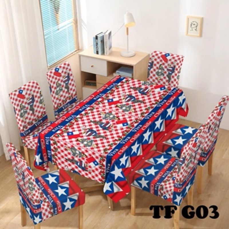 ANGELES DEL HOGAR - Mantel Impermeable + 6 fundas de Silla diseño fechas patrias chile