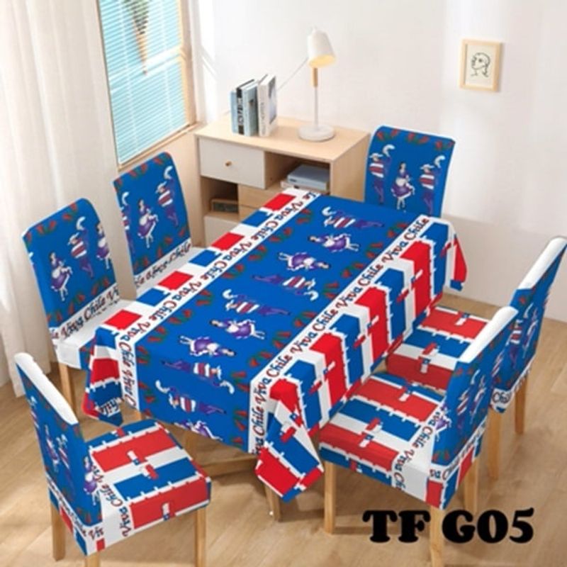 ANGELES DEL HOGAR - Mantel Impermeable + 6 fundas de Silla diseño fechas patrias chile