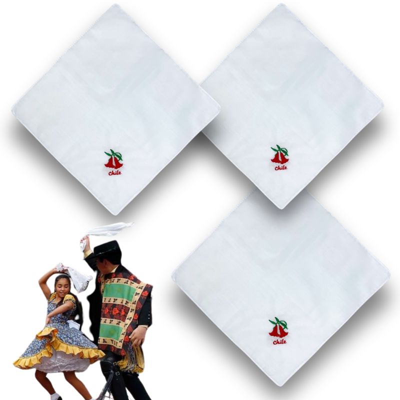 UTILISIMO - Pack 3 Pañuelos Blancos Copihue Bordado Fecha Patria 28x28cm