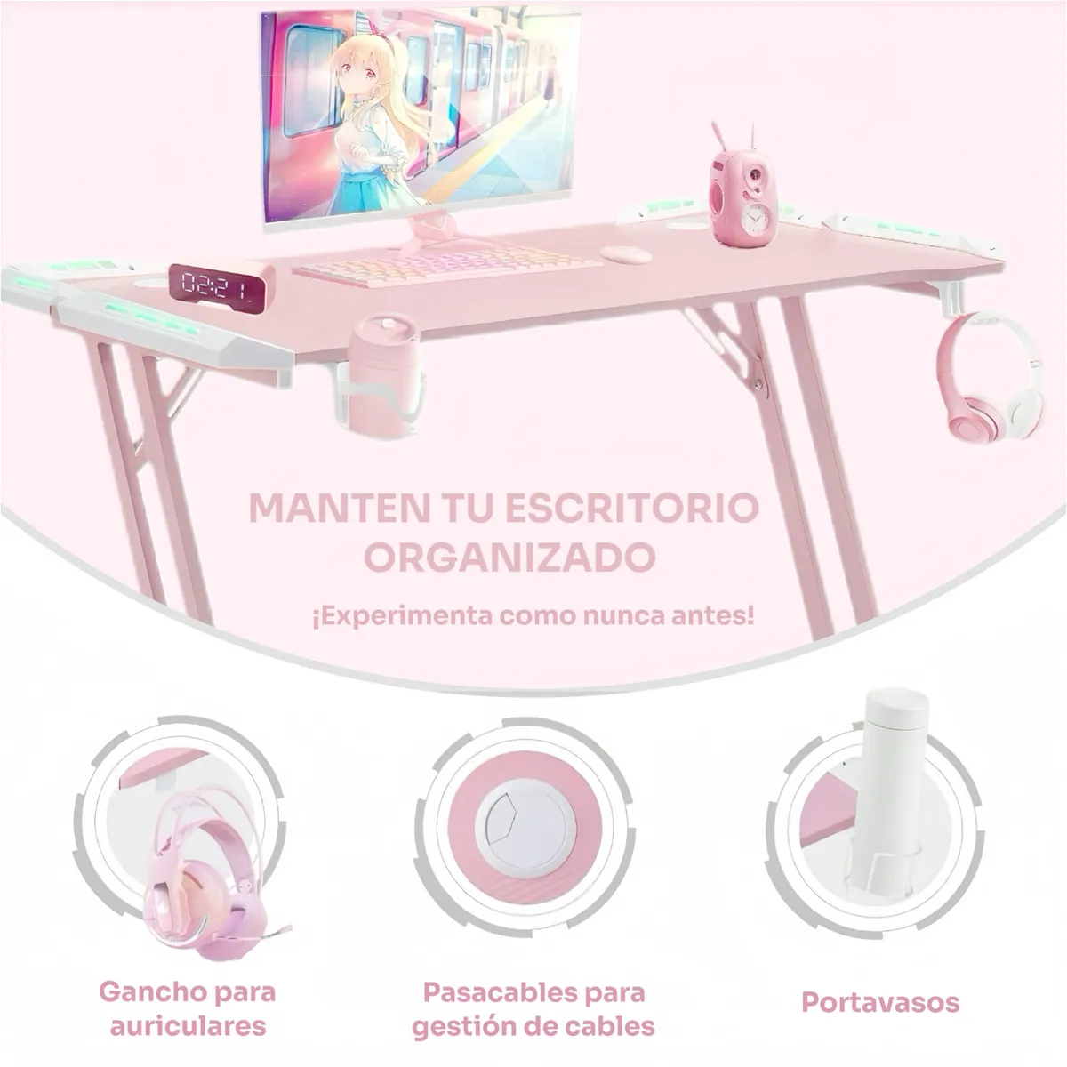 VIDITA - Escritorio Gamer Mesa Gamer Rosa con Iluminación RGB 120cm Videojuego