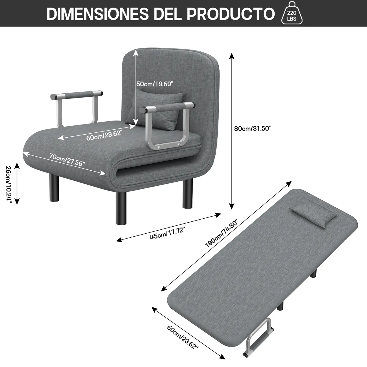 HALMAN - Sillón Sofá Cama Plegable Gris