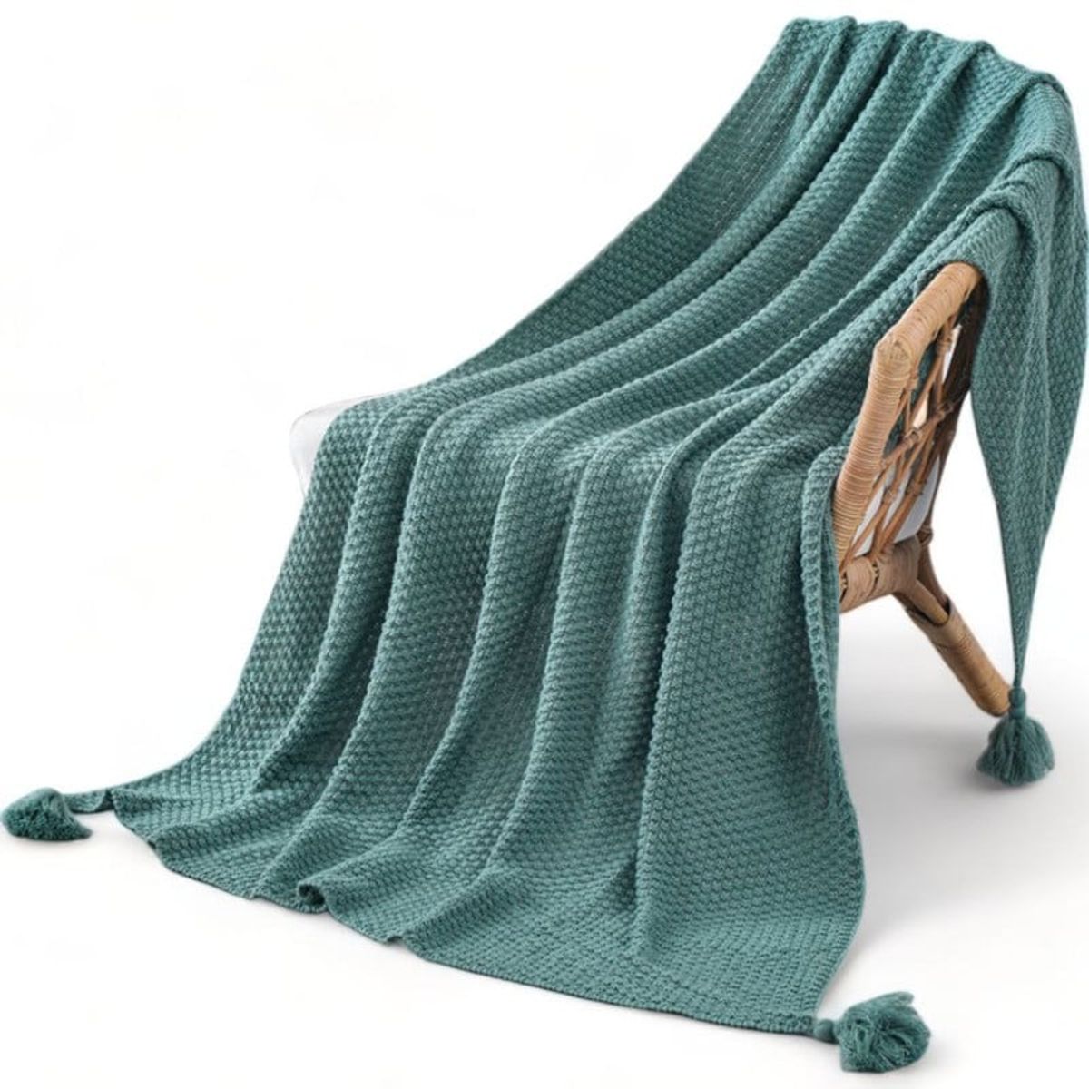 GENERICO - Manta Nordica Con Borlas Tejida Frazada Decorativa 127x172cm - Turquesa