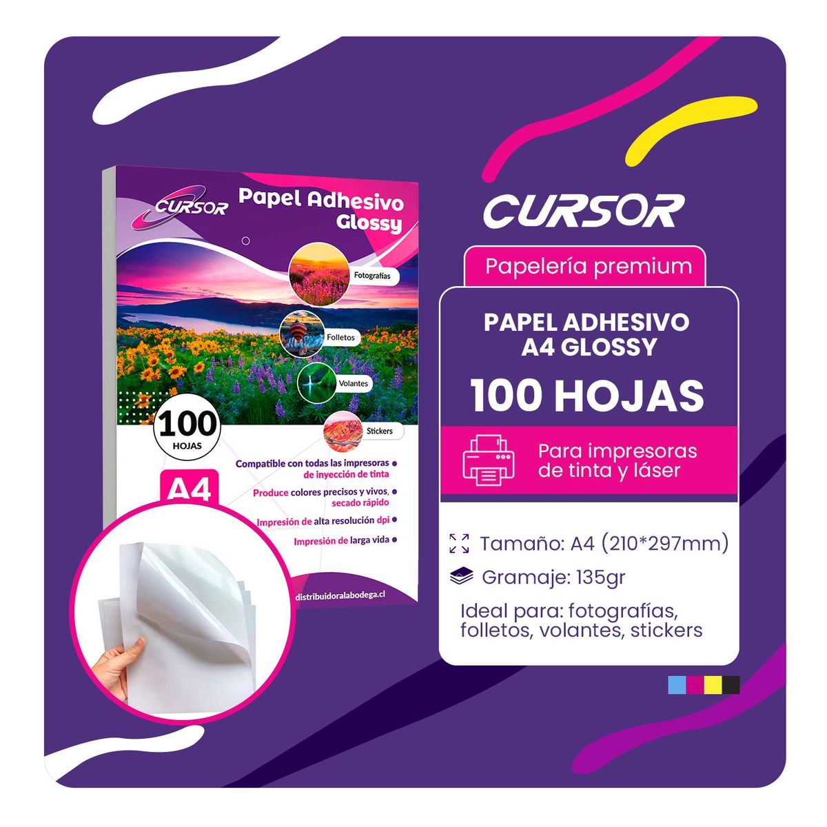 CURSOR - Papel Fotogr Adhesivo 135g A4 Glossy Pack 300hjs