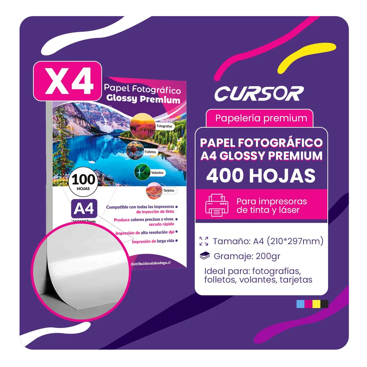 CURSOR - Pack 400 Hjs Papel Fotográfico Glossy A4 200gr