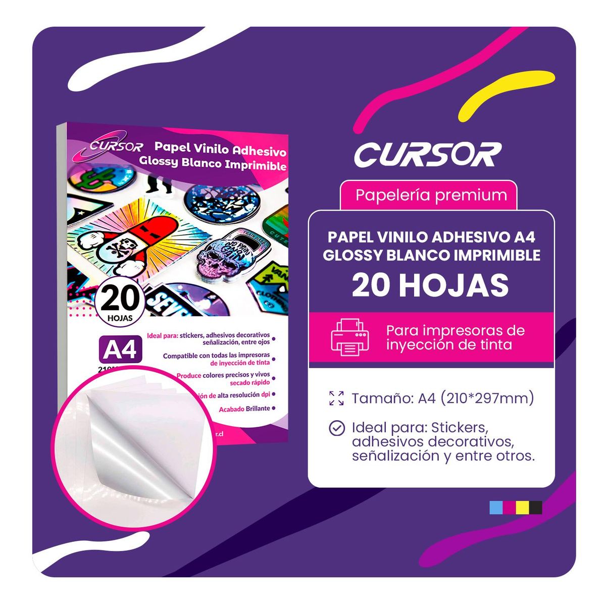 CURSOR - Vinilo Adhesivo A4 Blanco Imprimible/20hjs
