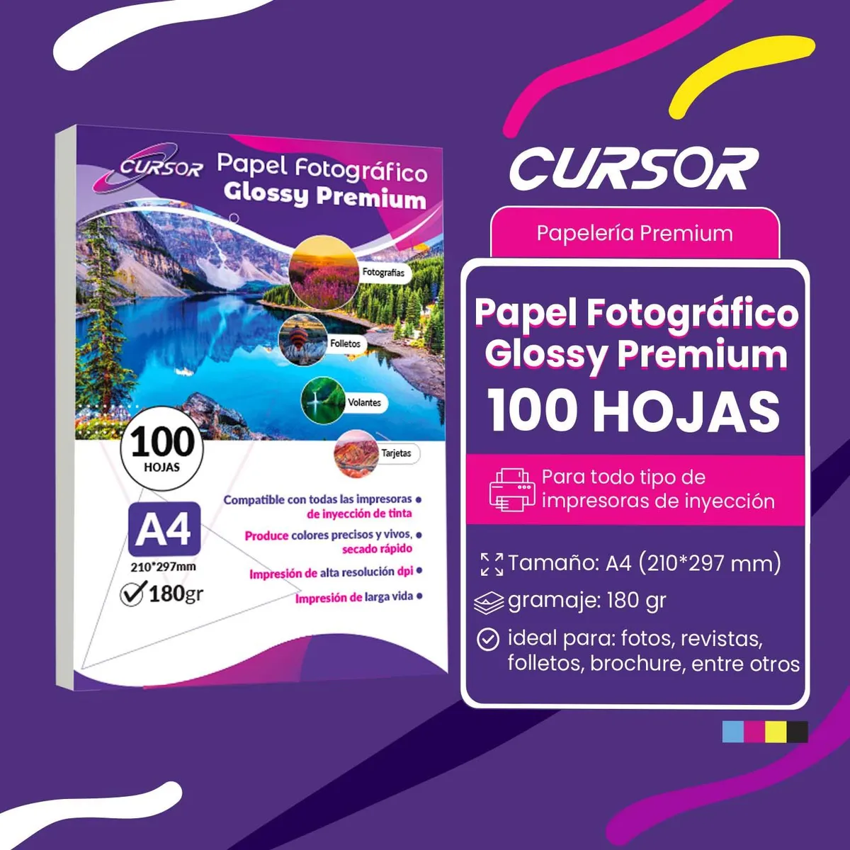 CURSOR - Pack 500 Hjs Papel Fotográfico Glossy A4 180gr