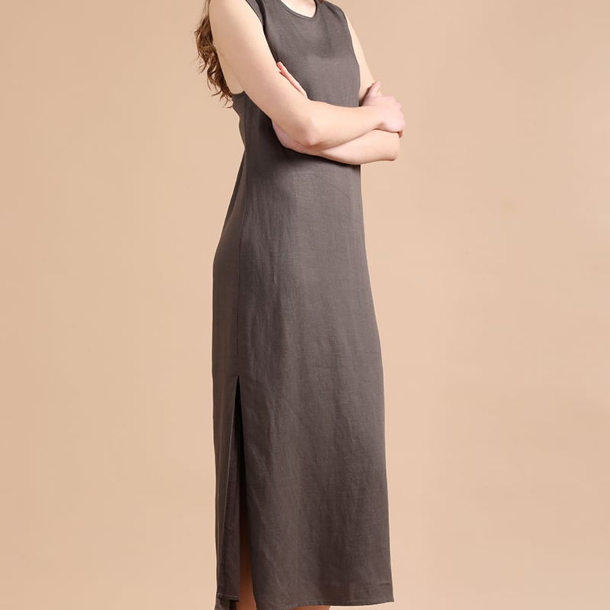 LIOLA - Vestido Midi Lino Lyocell, Cruce Espalda, Chocolate Liola