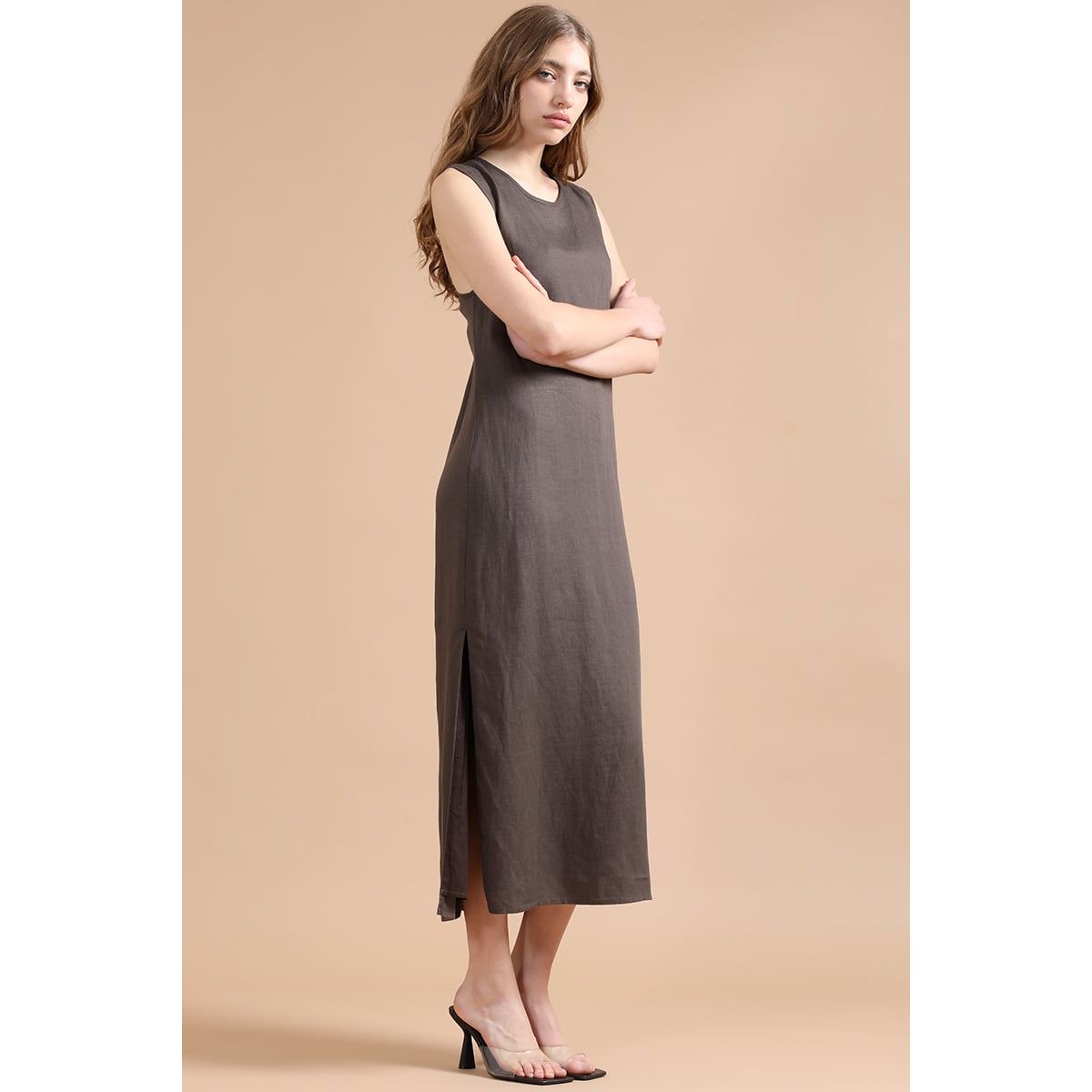 LIOLA - Vestido Midi Lino Lyocell, Cruce Espalda, Chocolate Liola