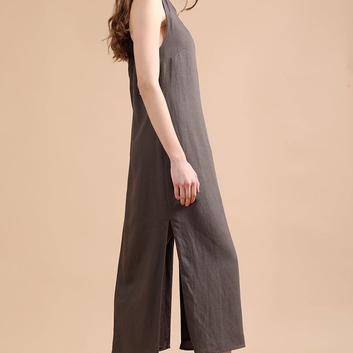 LIOLA - Vestido Midi Lino Lyocell, Cruce Espalda, Chocolate Liola