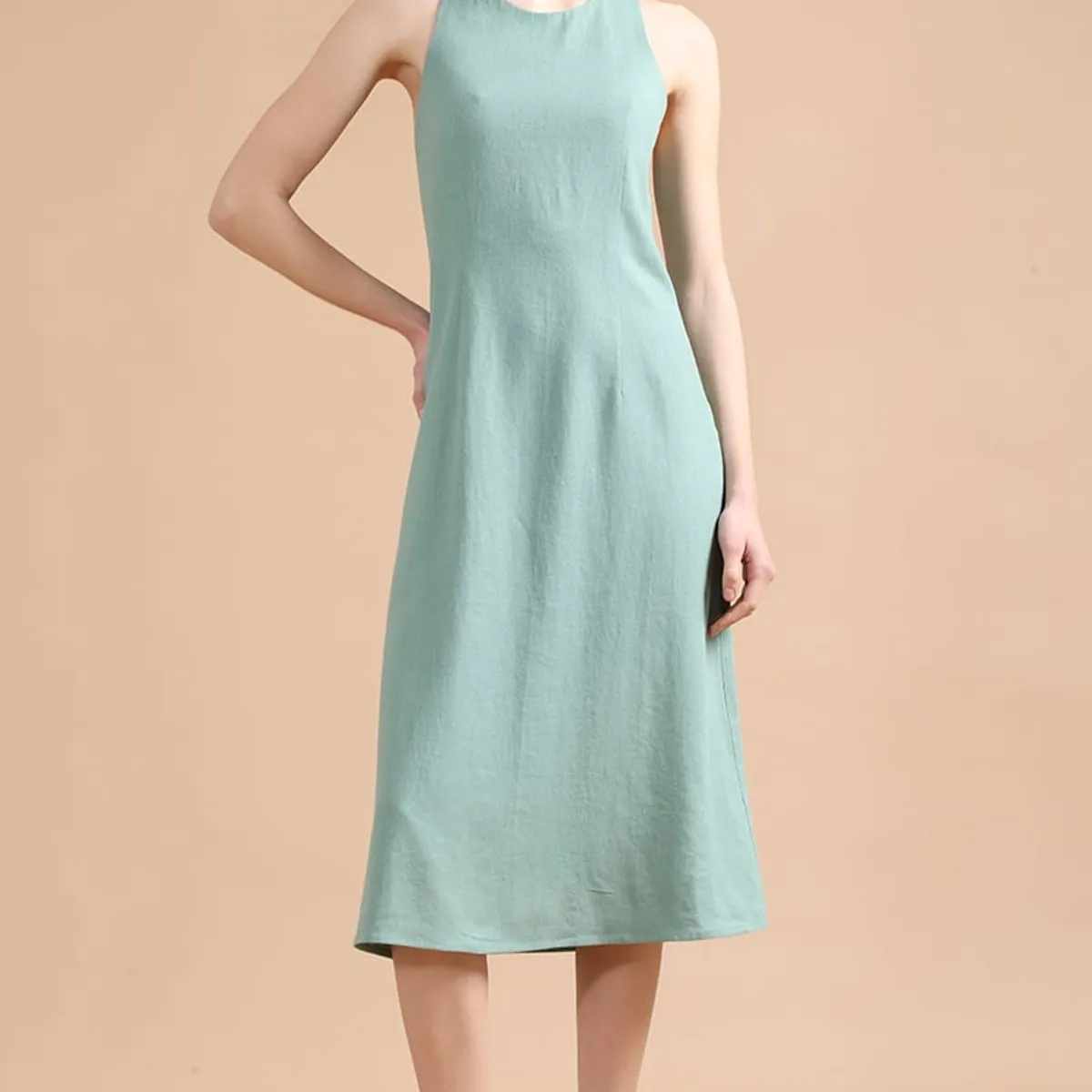 LIOLA - Vestido Largo Con Lino, Verde Liola